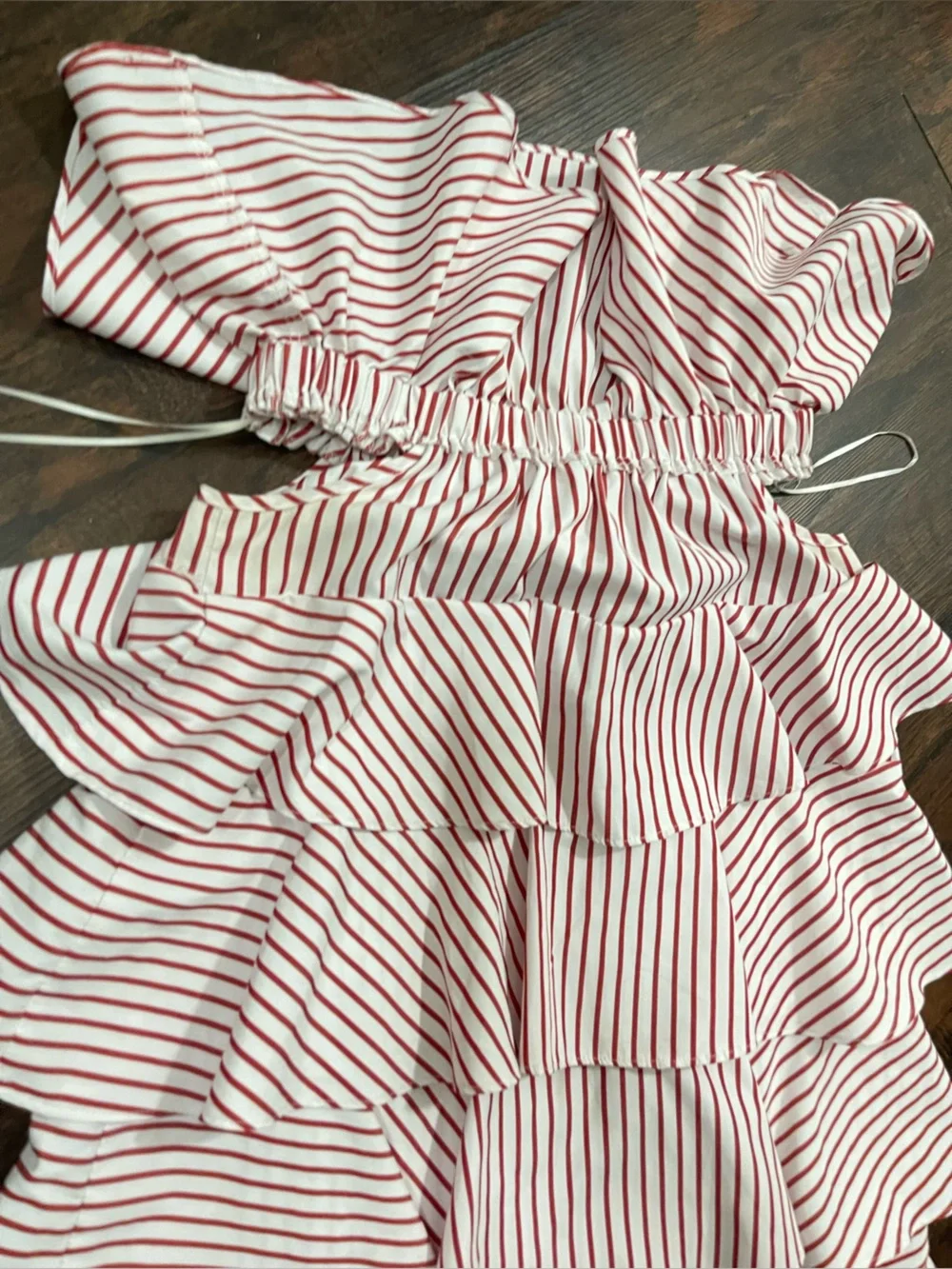 LULUS Red and White Striped Ruffle Tiered over under the Shoulder Dress Medium